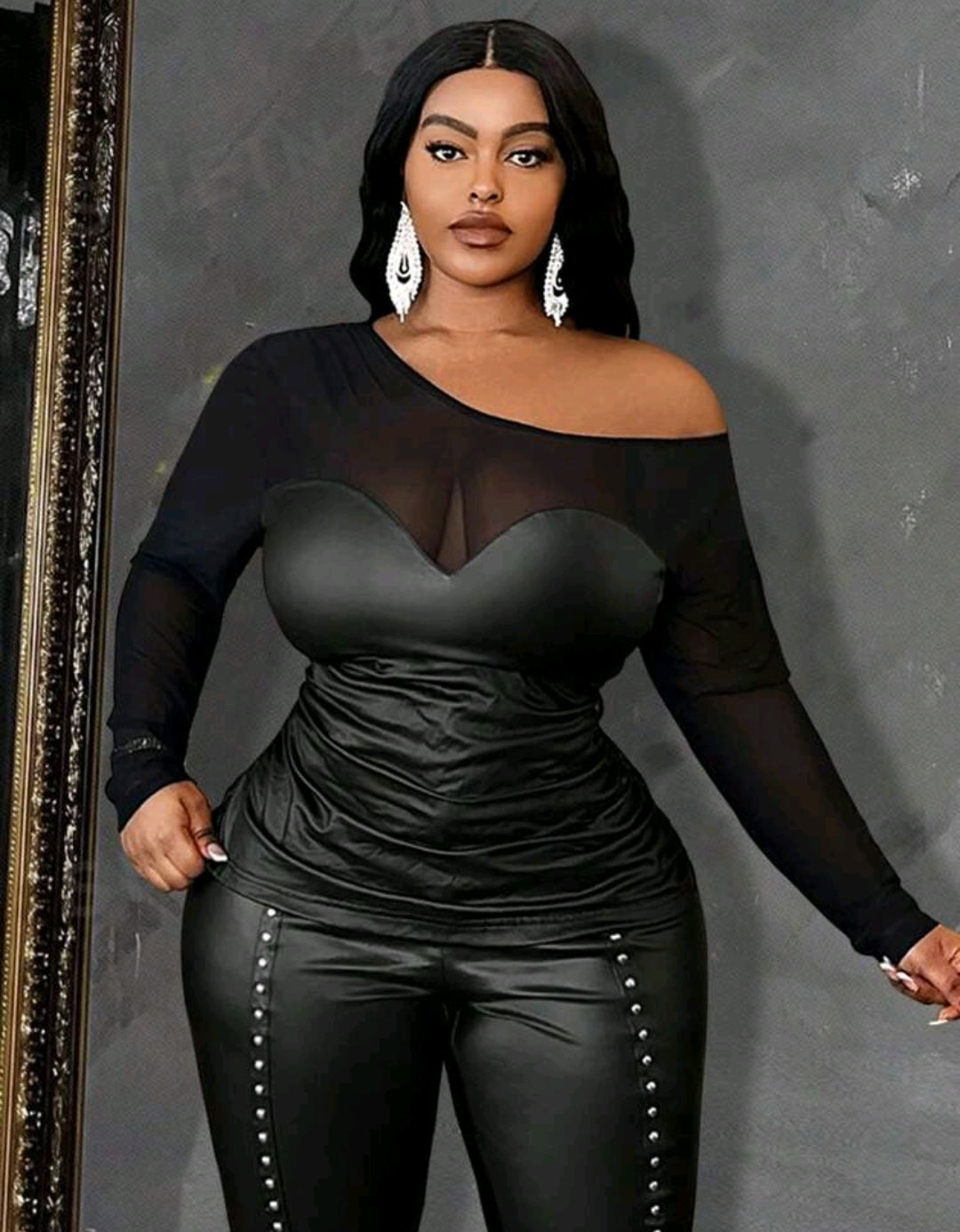 SEXY FAUX LEATHER SHEER TOP