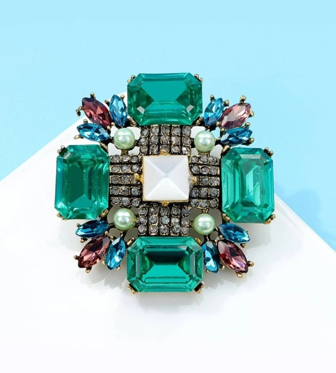 CHUNKY TEAL DIAMOND PEARL BROOCH