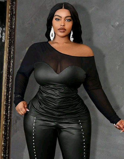 SEXY FAUX LEATHER SHEER TOP