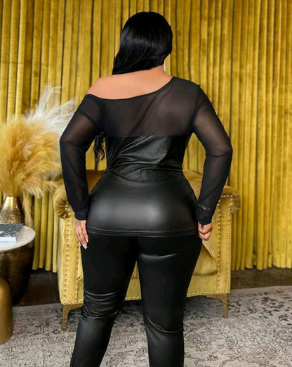 SEXY FAUX LEATHER SHEER TOP