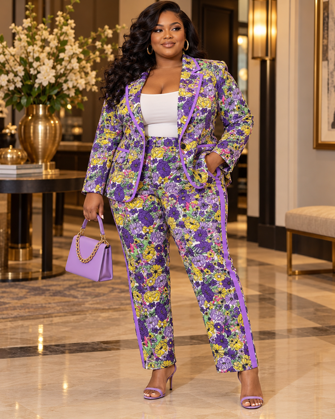 Sizes 2x & 3x Available bold purple & yellow floral pants suit ready to turn heads!!
