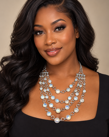Clear iridescent stones that catch every color in the light. A simple, classy statement piece, and so pretty!