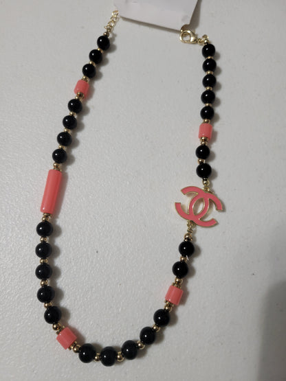 DESIGNER CORAL & BLACK BEADED NECKLACE